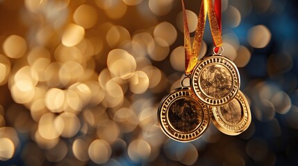 Gold medal with ribbon on blurred background