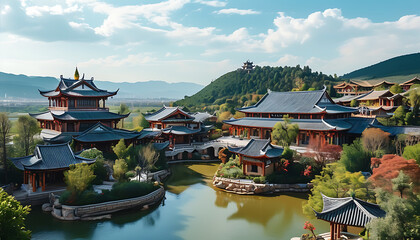 Kunming Sunac Cultural Tourism City summer scenery, explore the fusion of traditional architecture and natural beauty.