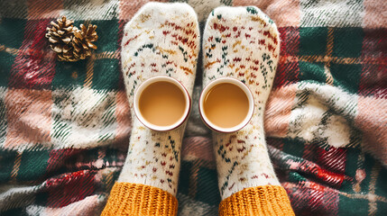 Cozy woman in knitted winter warm socks and in pajamas holding a cup of hot cocoa during resting on checkered plaid blanket at home in winter time. Cozy time and winter drinks. Top view 