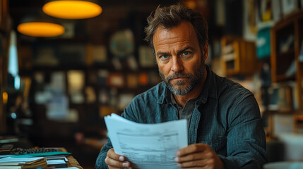 Poster - Focused Businessman Calculating Invoices in Cozy Office Setting for Financial Accuracy and Management