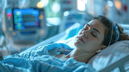 Wall Mural - A patient relaxing in a hospital bed with headphones on, possibly listening to music or white noise