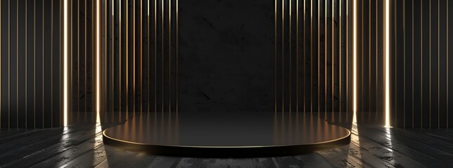 Wall Mural - black background podium with gold lines for product presentation, mockup or showcase.