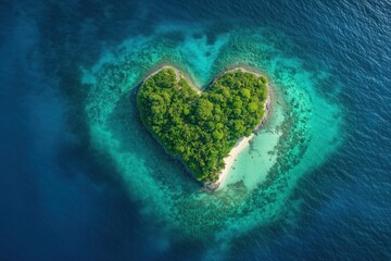 Aerial View of Heart-Shaped Island Surrounded by Vibrant Blue Ocean and Lush Greenery