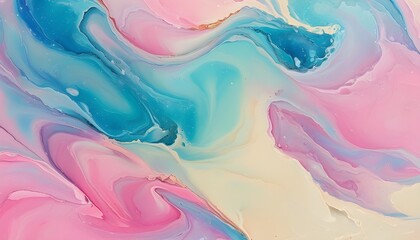 Wall Mural - Dreamy abstract fluid art with swirling pastel hues of pink, blue, and cream for a dynamic and whimsical backdrop