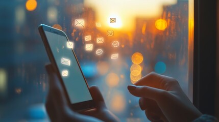 Poster - Hands holding a smartphone with social media icons floating in the evening light. Shows staying connected and updated.