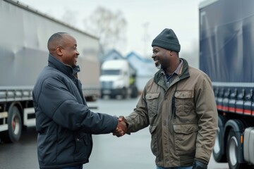 Two business partners or colleagues shaking hands in front of a truck, possibly at a job site or construction area