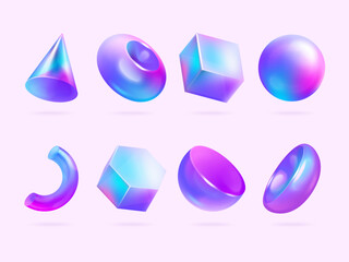 Leinwandbilder - Realistic holographic shapes. 3d figure hologram rainbow prism reflection, abstract trendy geometric gradient shape futuristic sphere cube form render, exact vector illustration