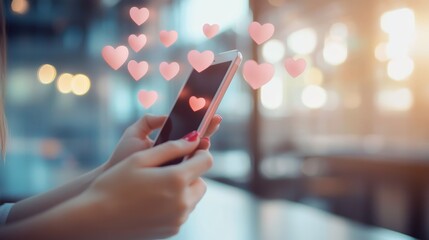 Poster - In a cozy cafe, a woman checks love messages on her smartphone, showcasing how digital romance can thrive in daily environments.