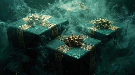 Dark green Christmas boxes with intricate gold detailing are surrounded by a thick, swirling cloud of smoke, giving the gifts an enchanting and otherworldly presence against a moody backdrop.