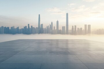 Poster - This photorealistic abstract of an urban skyline is set in front of a spacious empty tiled platform with light clouds behind the sky.