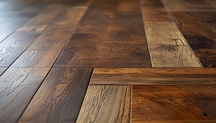 Rich herringbone wooden flooring highlighting the intricate textures and warm tones of hardwood planks