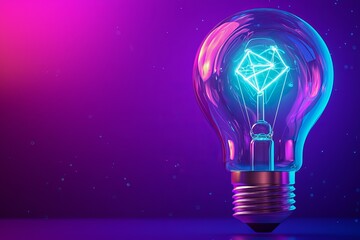 Wall Mural - Icon of a glowing lightbulb on a dark purple background. Idea and innovation concept. 3D rendering.