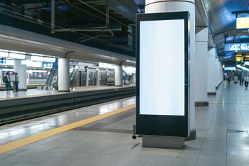 A blank billboard in a busy subway station