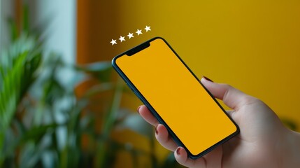 Leinwandbilder - Person holding a smartphone showing a five-star rating. Perfect for concepts on user satisfaction and digital feedback.