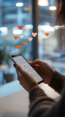 Poster - Close-up of a woman using a dating app on her phone in a cozy setting. Modern technology in everyday life.