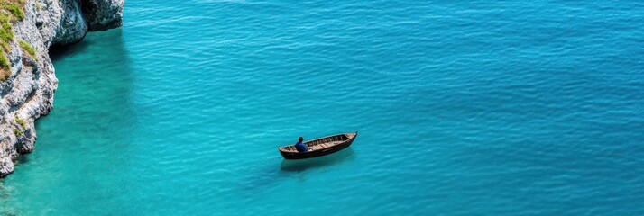 A person rows a small boat alone on clear blue water surrounded by scenic natural rock formations, capturing solitude and peace in an idyllic nature setting.