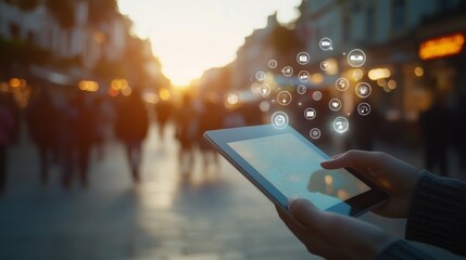 Poster - Person using tablet in an outdoor setting with social icons floating. Online networking and messaging engagement.