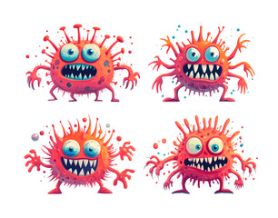 Wall Mural - Cartoon angry virus. Funny red bubble microbe, big eyes toothed spiny tentacles bacteria, molecule germ purple pathogen micro organism character, vector illustrations isolated on white background