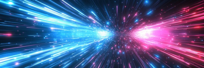 Poster - This abstract digital background features vibrant blue and pink light streaks, symbolizing the interconnectedness of technology processes and complex data networks in todays evolving world