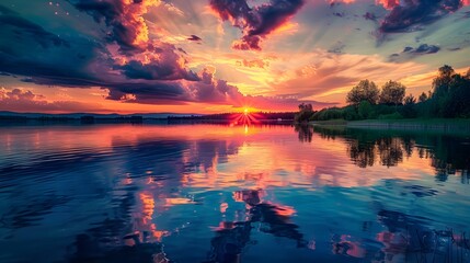 An image of a vibrant sunset over a serene lake