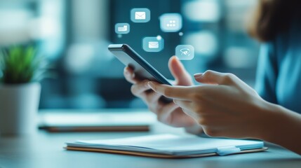 Poster - Person engaging with social media messages on a phone, highlighted by conversation icons over a warm background.