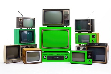 A collection of vintage televisions with green screens