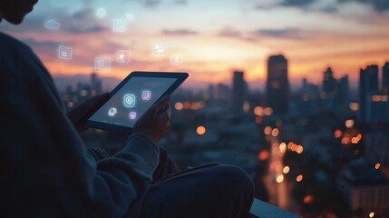 Poster - Person using tablet with floating social media icons and a city skyline in the background. Online interaction at sunset.