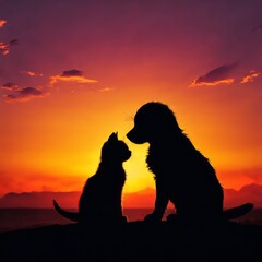 a puppy and kitten sit side by side, their silhouettes beautifully framed by the vibrant colors of a