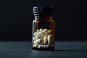 Wall Mural - An image of a brown bottle spilling white capsules on a dark background.