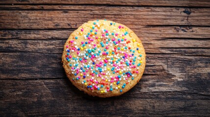 Colorful sprinkle cookie on rustic wooden table, close-up top view. Sweet treat and dessert concept