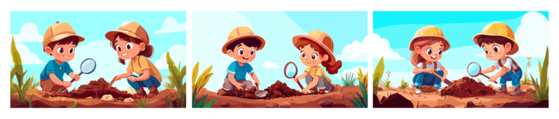 Cartoon children archaeology. Boy girl kids little diggers work on excavations ground pit, soil explorers with shovel and magnifying glass artifacts searching, vector illustrations