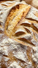 Wall Mural - Close-up of crusty artisan bread with detailed texture, homemade baking concept