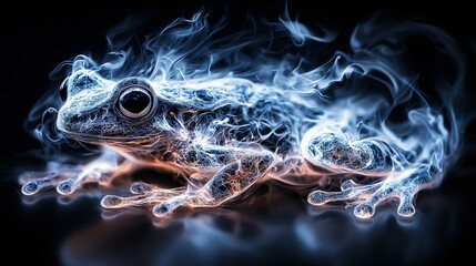 Wall Mural -   Close-up photo of a frog emitting smoke from its eyes against a dark backdrop