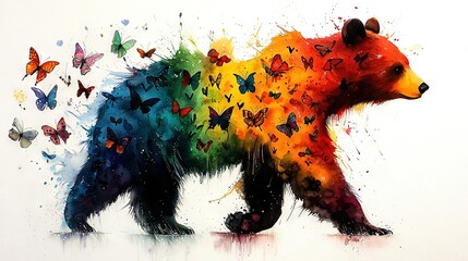 Poster -   A painting depicts a bear adorned with butterflies on its back and another butterfly perched on its body