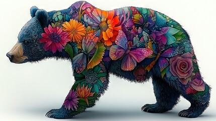   A bear with flowers on its back and wings, standing against a white background