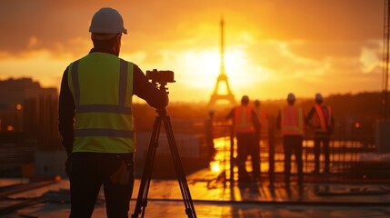 Wall Mural - Sculptured black survey engineer standing on the ground working on a land development site over a blurred image of a construction worker on an industrial project