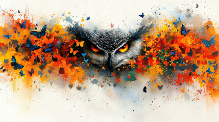 Wall Mural -  A stunning painting of an owl, its yellow eyes piercing through the splattered orange and blue paint on its wings