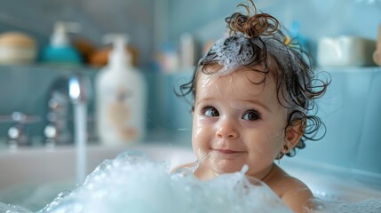 Close-up of a baby receiving a gentle, calming bath in a warm, safe environment with baby care products