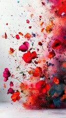 Wall Mural -   A painting of red and pink flowers on a white background with a splash of paint at the bottom