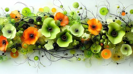 Wall Mural -   A painting featuring green, orange, and white flowers against a white backdrop with a white wall in the distance