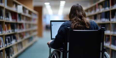 Wall Mural - Individual in a wheelchair using a laptop in a library aisle, highlighting themes of accessibility, inclusion, and the pursuit of knowledge in an educational environment.