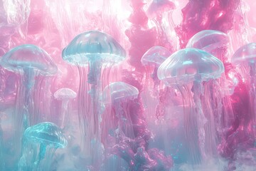 Futuristic pink and blue environment hosting surreal floating jellyfish, creating a fantastical and otherworldly scene.