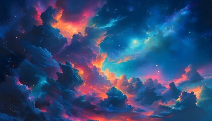 Wall Mural - Neon-Lit Celestial Clouds in Deep Space, Vibrant Astral Scene Showcasing Galactic Essence with Surreal Nebulae, Stars, and Ethereal Nighttime Lightscape