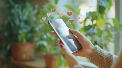 Poster - Woman enjoying social media interactions on her phone amidst houseplants. Engaging with followers, illustrating social media usage.