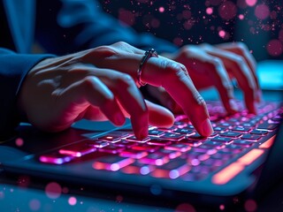 Wall Mural - Closeup of hands typing on a keyboard with digital technology, software development concept. Coding programmer, software engineer working on laptop