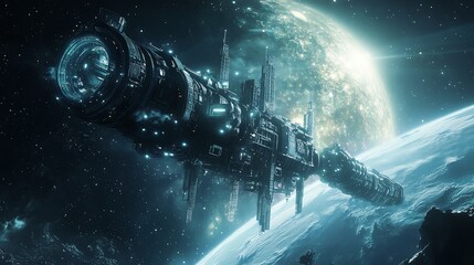 Wall Mural - A futuristic spaceship flies past a planet in space.
