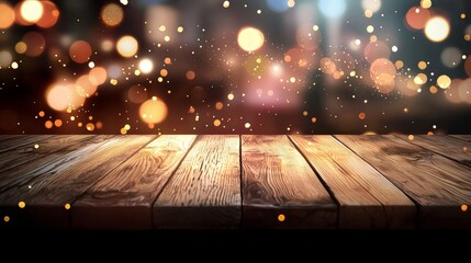 Wall Mural - The top of a wood desk is blurred with light bokeh over a concert blur background, and the table is wooden