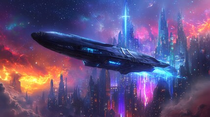 Wall Mural - Futuristic city skyline with a spaceship flying overhead. The city is lit with neon lights and the sky is full of stars.
