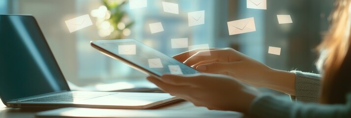Poster - Woman checking social media notifications on a tablet, surrounded by floating email icons in a warm home atmosphere.
