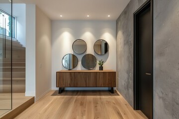 Modern entrance featuring a cabinet with three mirrors and minimalist decor in a contemporary setting.